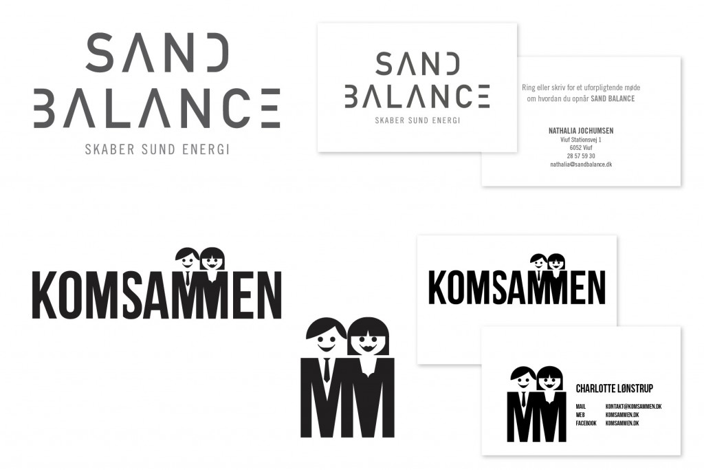 Udvikling af logoer og opsætning af visitkort_Sand Balance og KomSammen